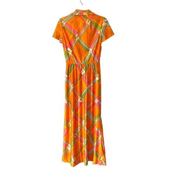 Tanner of North Caroline 60s 70s Retro Mod Maxi Dress Orange Green Button Down - Picture 5 of 8
